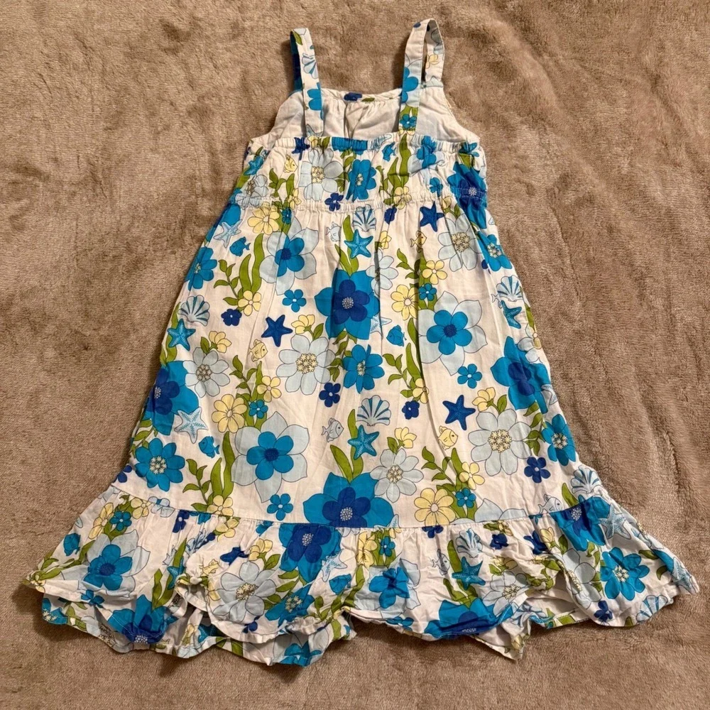 Gymboree Girls Blue Floral Tropical Fish Sea Shell Cotton Sundress Size 5